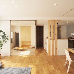 お庭とLDKと室内デッキがつながる家 田の字レイアウト