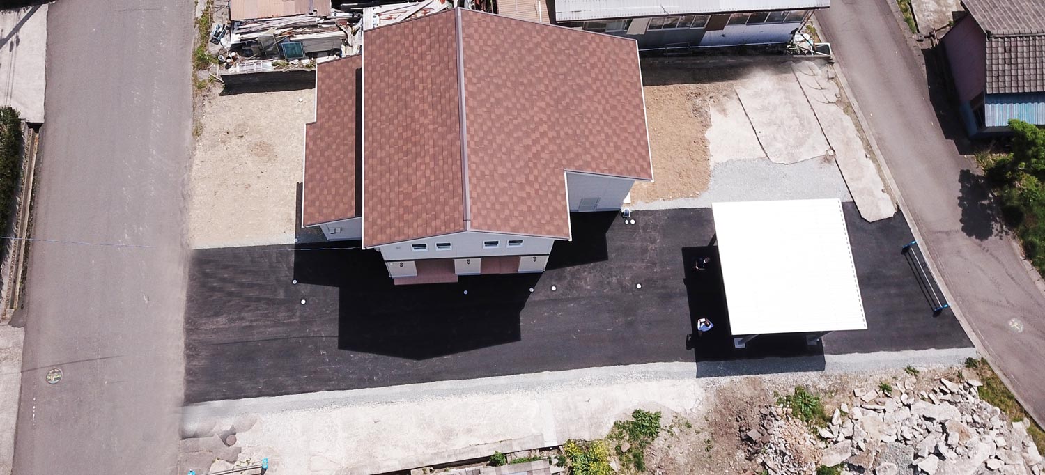 佐渡市 新築住宅完成見学会 スキップフロアの家上空からの空撮 敷地調査結果