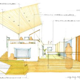 完成見学会ピアノとスキップフロアのデザイン住宅内観手書きパース