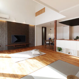 グリーンスタイル 完成見学会 長岡市 新潟市 建築実例 平屋 インテリア デザイン リビング アクセントクロス エコカラット 吹抜