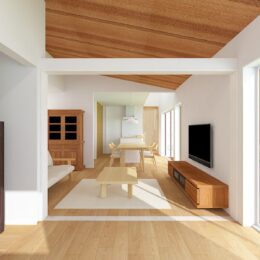 グリーンスタイルが新潟県五泉市に建てた平屋。陽当り、開放感、勾配天井のメリハリある空間で心地よく暮らせます。